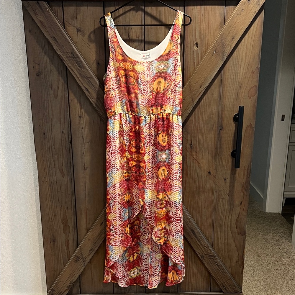 Olsenboye Colorful Sleeveless Hi Lo animal print Maxi Dress Red Orange SZ L